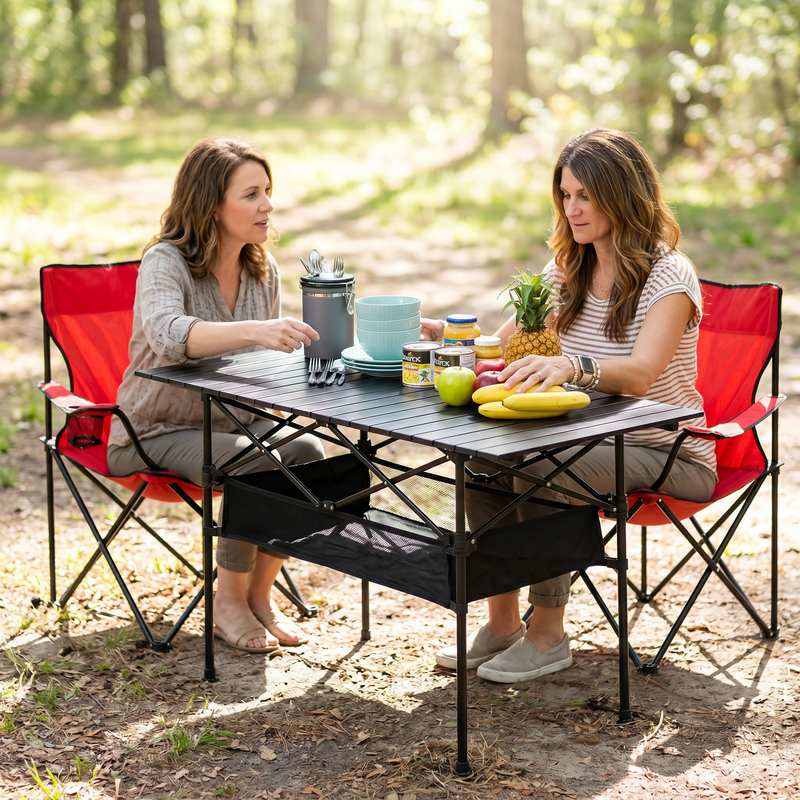 Woman setting drinks on an aluminum folding camping table outdoors