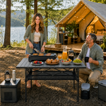 Woman setting drinks on an aluminum folding camping table outdoors