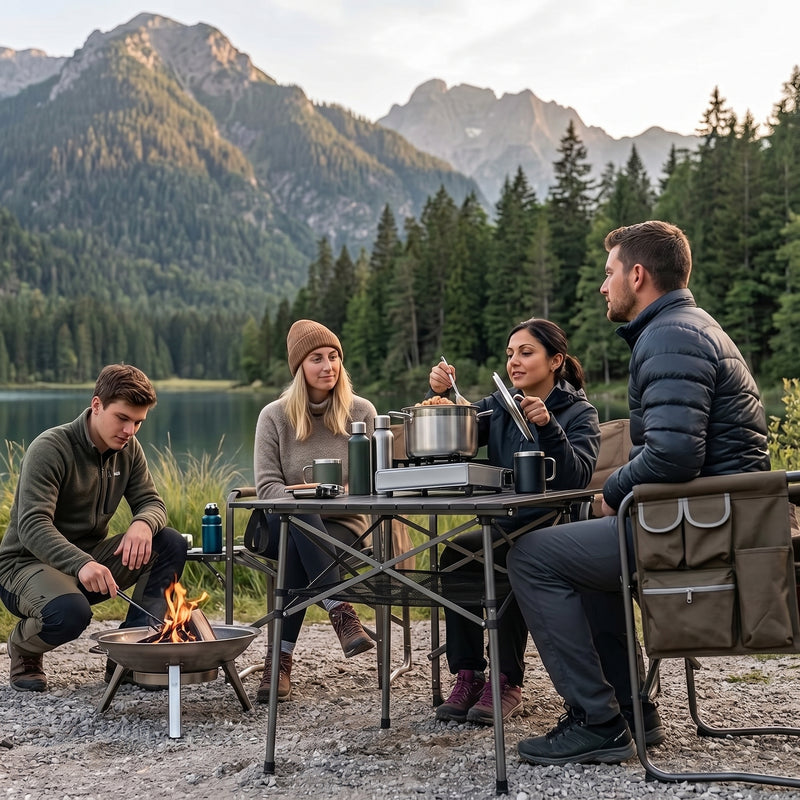 Woman setting drinks on an aluminum folding camping table outdoors