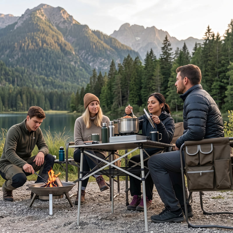 Woman setting drinks on an aluminum folding camping table outdoors
