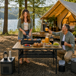 Woman setting drinks on an aluminum folding camping table outdoors