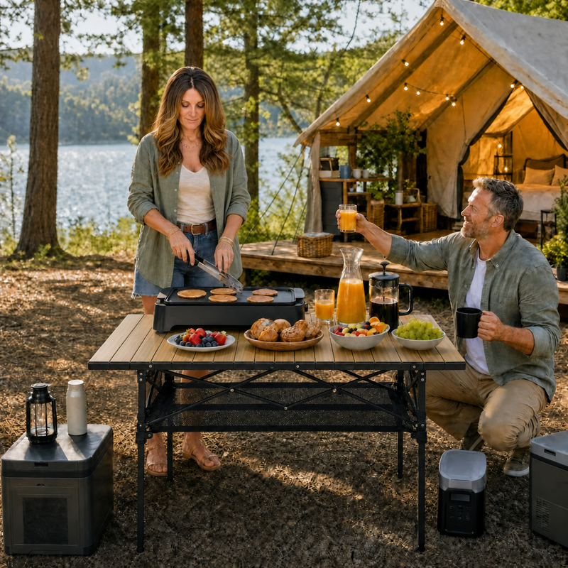 Woman setting drinks on an aluminum folding camping table outdoors