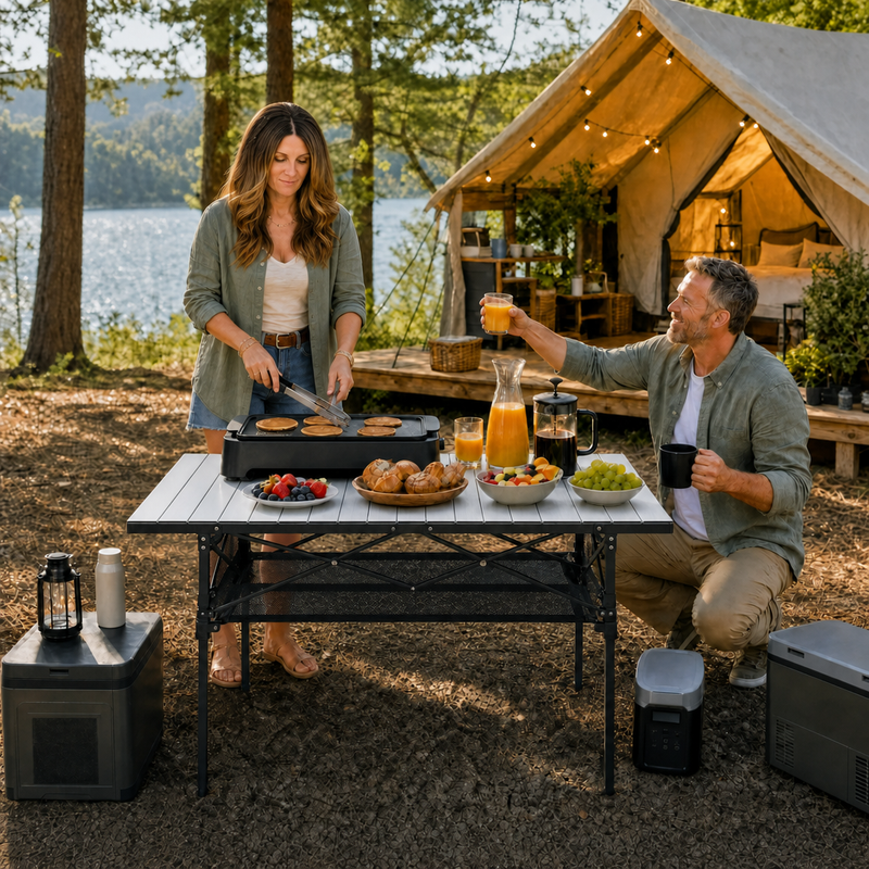 Woman setting drinks on an aluminum folding camping table outdoors