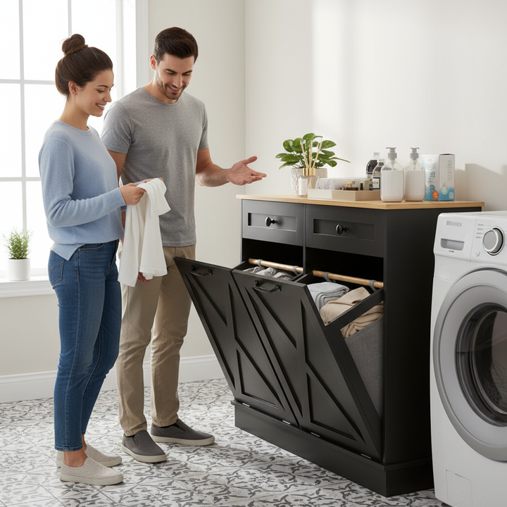 HOMCOM Tilt Out Laundry Hamper Cabinet, Bathroom Storage Cabinet with 2 Removable Baskets and 2 Drawers, Black
