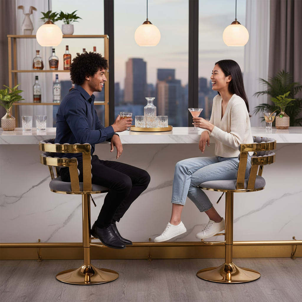 Modern Bar chair(set of 2 ) with golden color iron tube legs, soft cushions and comfortable backrest, suitable for dining room, living room, cafe,Bar stool,grey