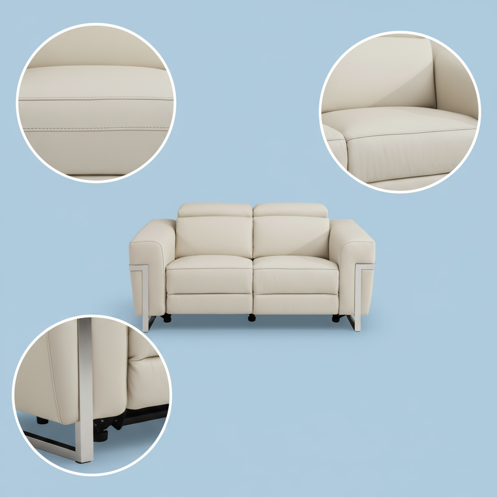 Beige Italian Leather Power Reclining Sofa and Loveseat Set - 5-Person Seating with Silver Metal Legs