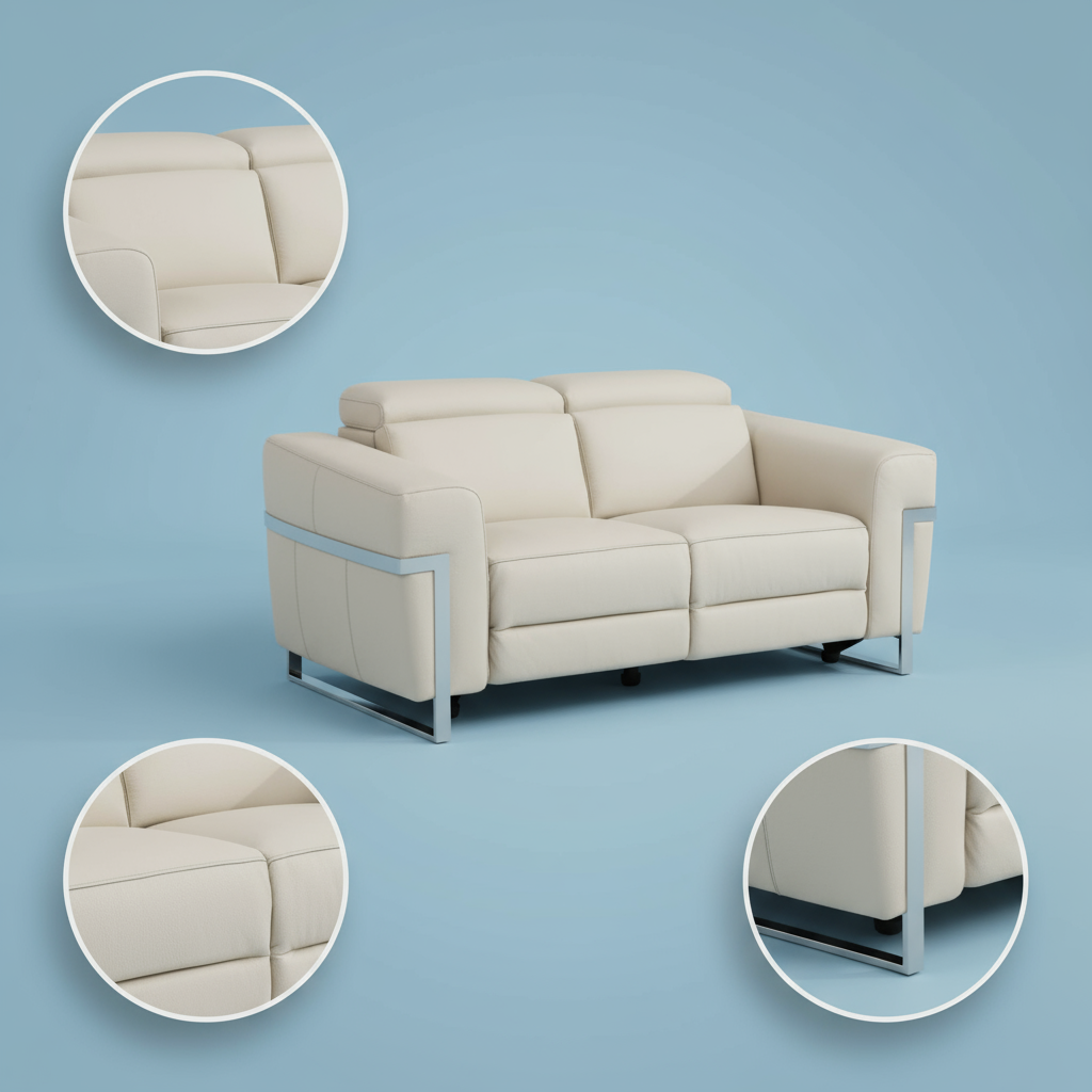 Beige Italian Leather Power Reclining Sofa and Loveseat Set - 5-Person Seating with Silver Metal Legs