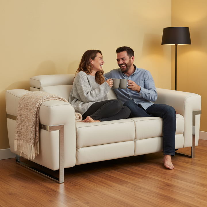Beige Italian Leather Power Reclining Sofa and Loveseat Set - 5-Person Seating with Silver Metal Legs