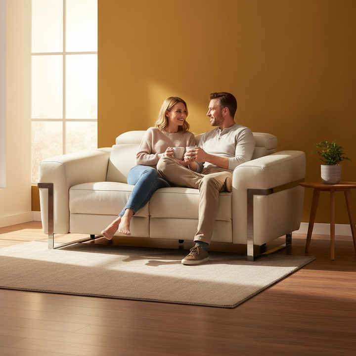 Beige Italian Leather Power Reclining Sofa and Loveseat Set - 5-Person Seating with Silver Metal Legs