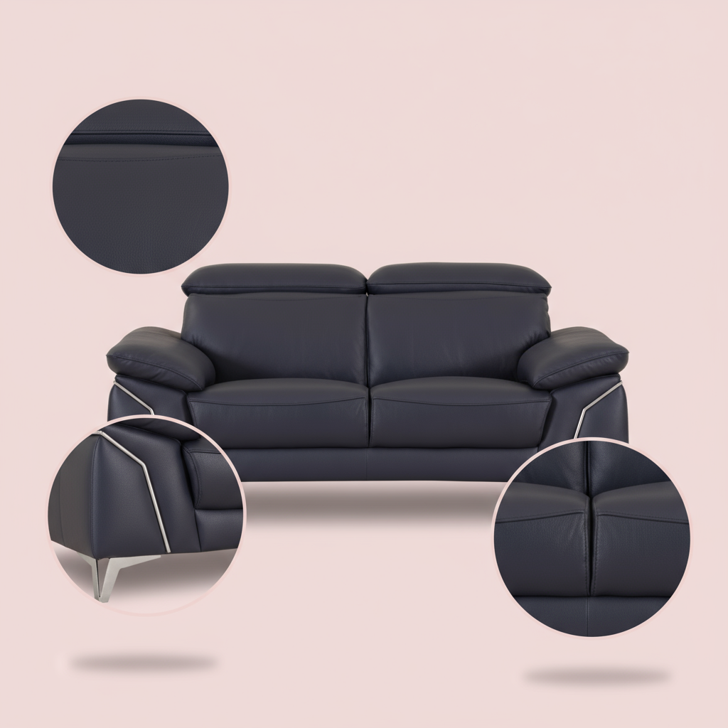 Navy Blue Italian Leather Sofa and Loveseat Set with Coil Spring Construction