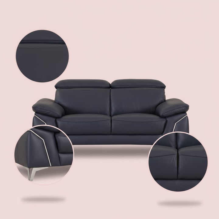 Navy Blue Italian Leather Sofa and Loveseat Set with Coil Spring Construction