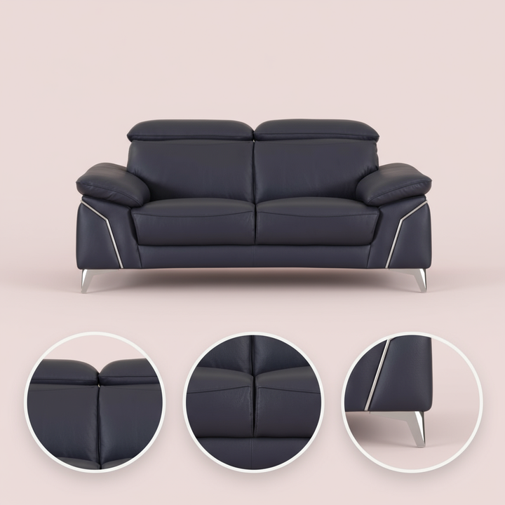 Navy Blue Italian Leather Sofa and Loveseat Set with Coil Spring Construction