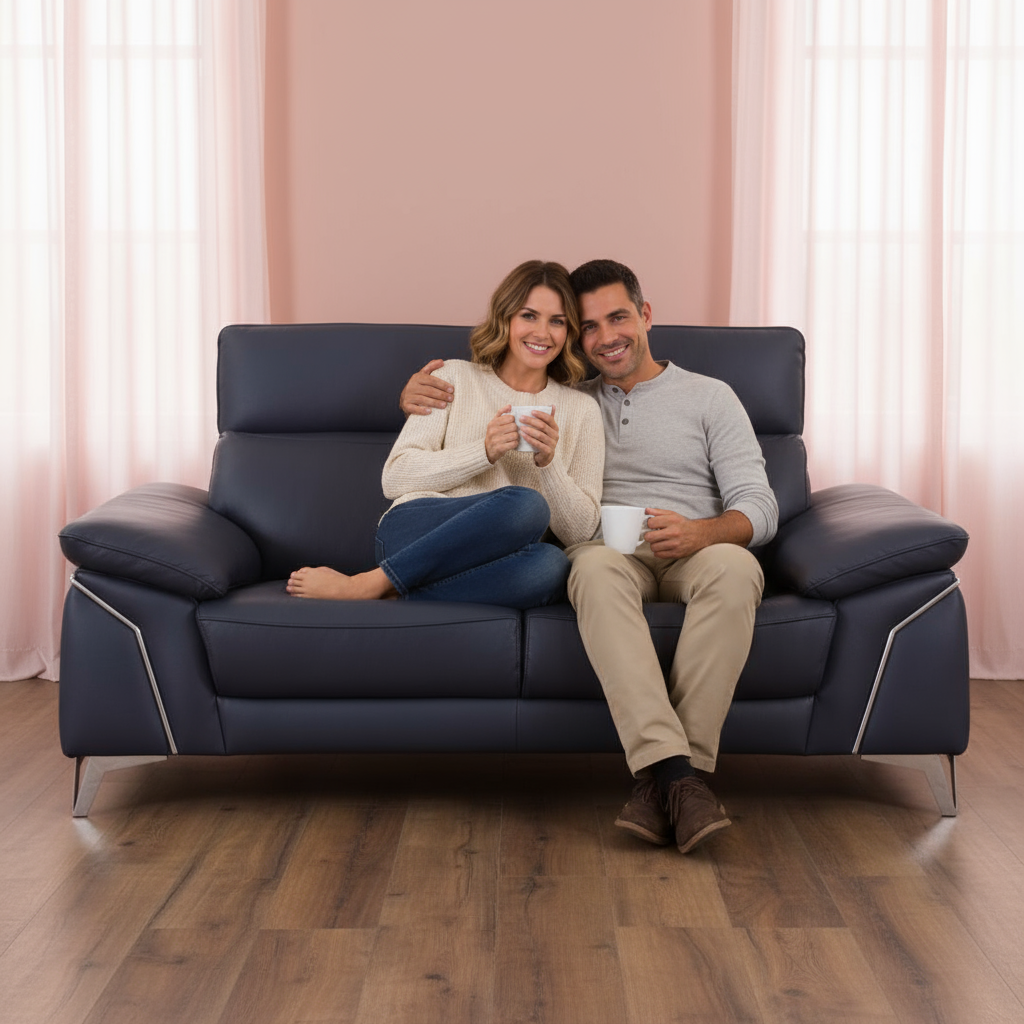 Navy Blue Italian Leather Sofa and Loveseat Set with Coil Spring Construction