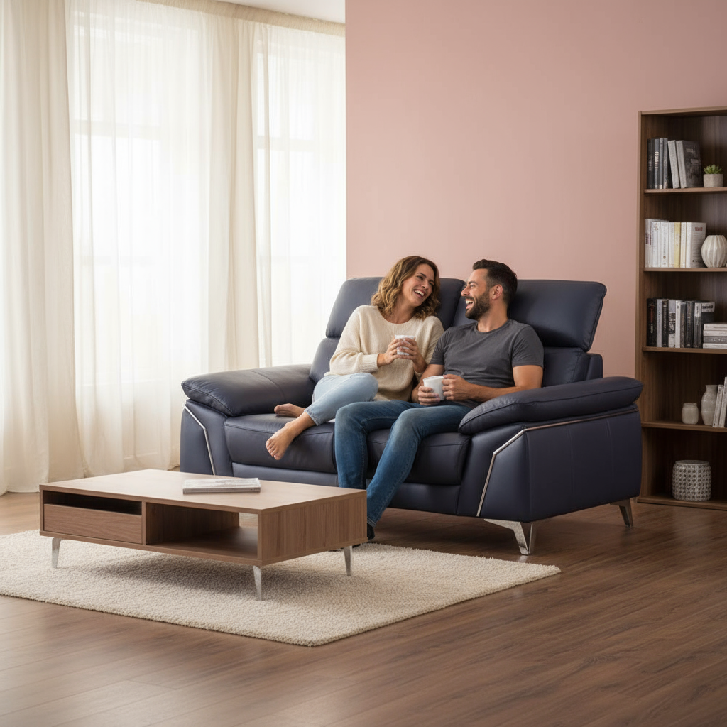 Navy Blue Italian Leather Sofa and Loveseat Set with Coil Spring Construction