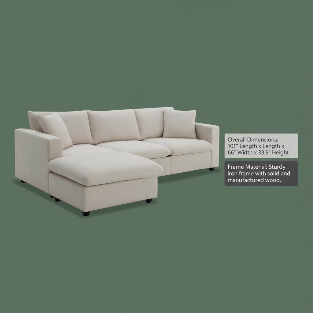 [VIDEO] 101"x66" Premium Cloud Collection L-Shaped Sectional - 4-Seat Modular Sofa with Wide Seats, Throw Pillows & Convertible Ottoman for Living Room, Apartment & Office (4 Color Option)