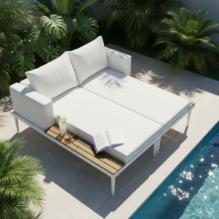 TOPMAX Modern Outdoor Daybed - Premium 2-in-1 Patio Metal Daybed with Acacia Wood Side Tables, Padded Chaise Lounges & Beige Cushions for Poolside, Balcony & Deck