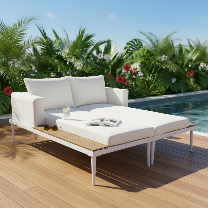 TOPMAX Modern Outdoor Daybed - Premium 2-in-1 Patio Metal Daybed with Acacia Wood Side Tables, Padded Chaise Lounges & Beige Cushions for Poolside, Balcony & Deck