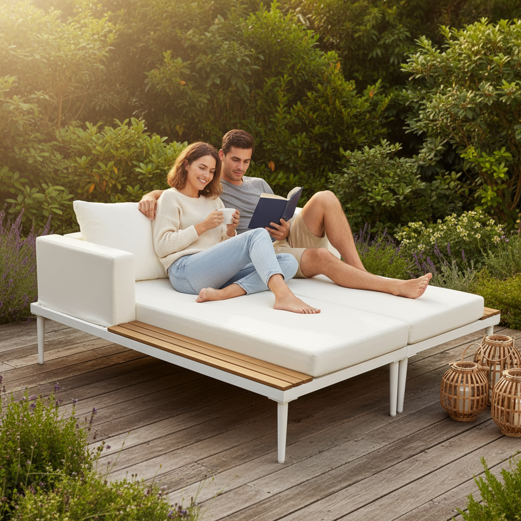 TOPMAX Modern Outdoor Daybed - Premium 2-in-1 Patio Metal Daybed with Acacia Wood Side Tables, Padded Chaise Lounges & Beige Cushions for Poolside, Balcony & Deck