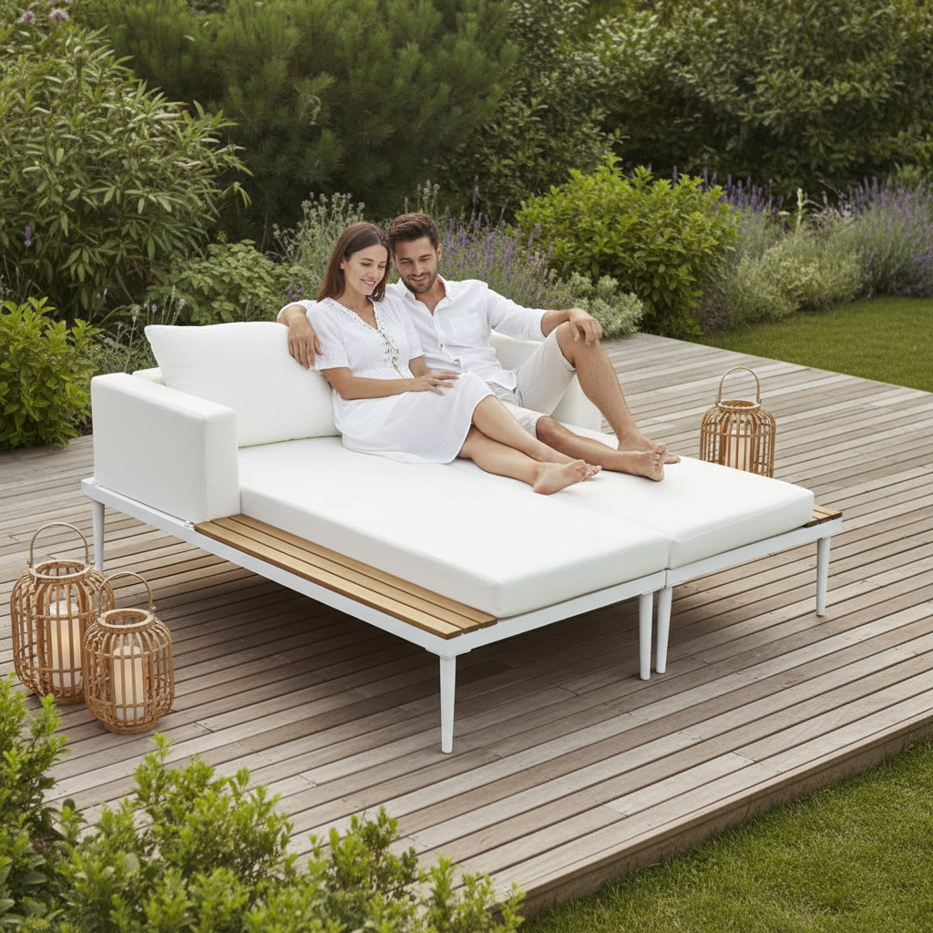 TOPMAX Modern Outdoor Daybed - Premium 2-in-1 Patio Metal Daybed with Acacia Wood Side Tables, Padded Chaise Lounges & Beige Cushions for Poolside, Balcony & Deck