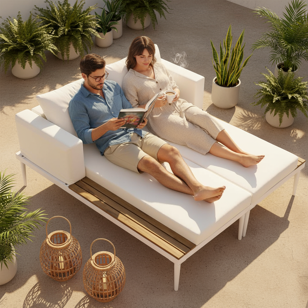 TOPMAX Modern Outdoor Daybed - Premium 2-in-1 Patio Metal Daybed with Acacia Wood Side Tables, Padded Chaise Lounges & Beige Cushions for Poolside, Balcony & Deck