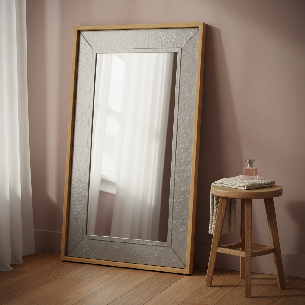 84" Gray Brown Metal and Wood Framed Leaning Accent Mirror