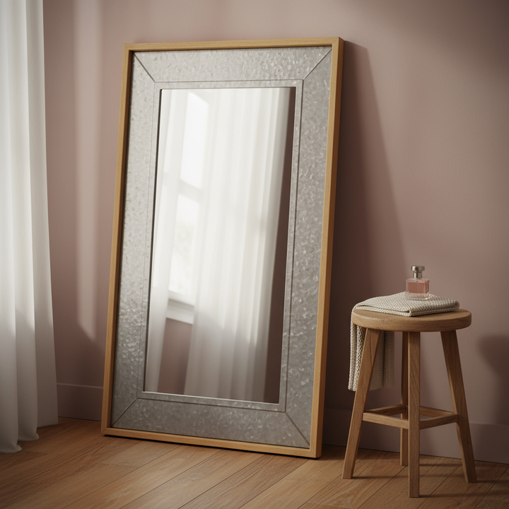84" Gray Brown Metal and Wood Framed Leaning Accent Mirror