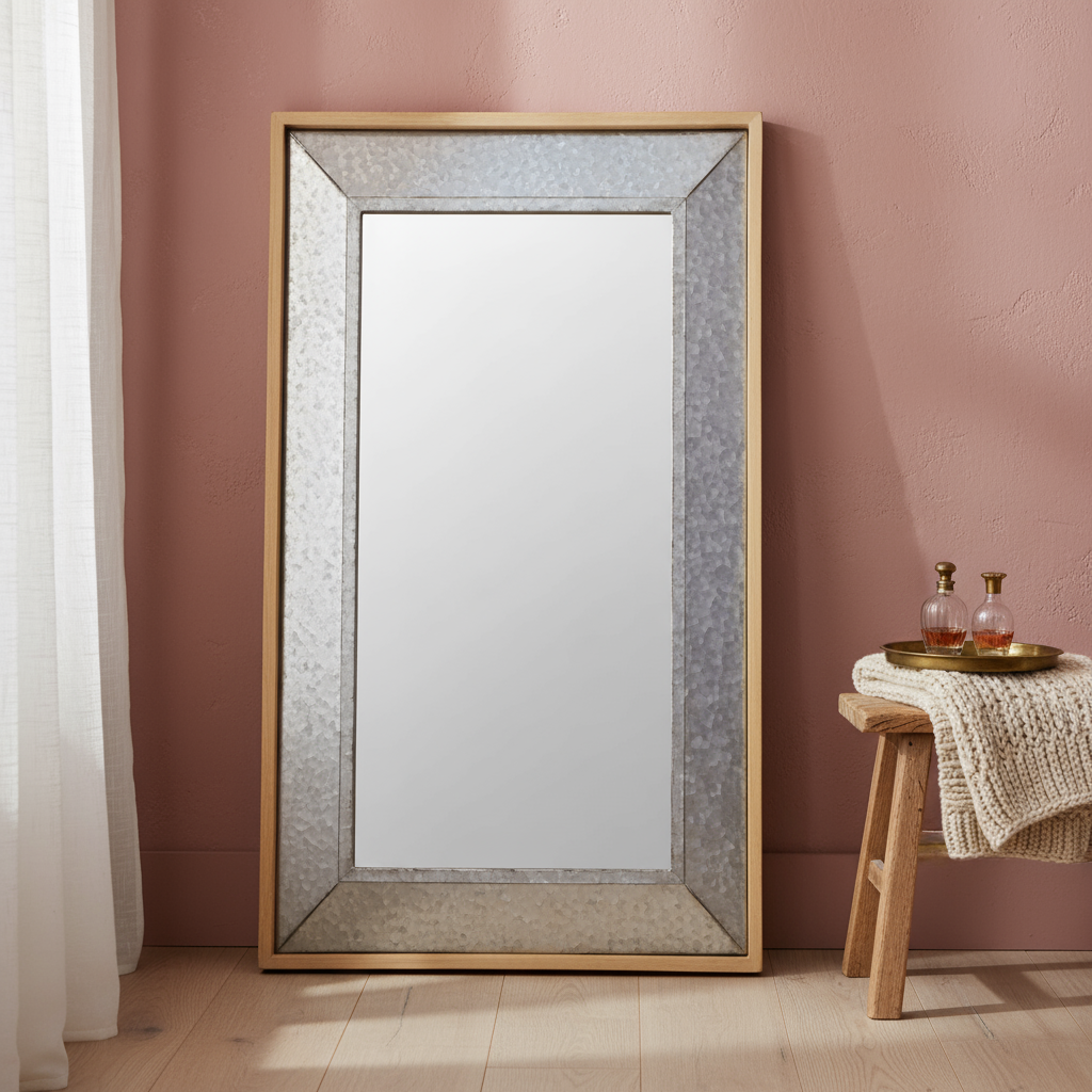 84" Gray Brown Metal and Wood Framed Leaning Accent Mirror