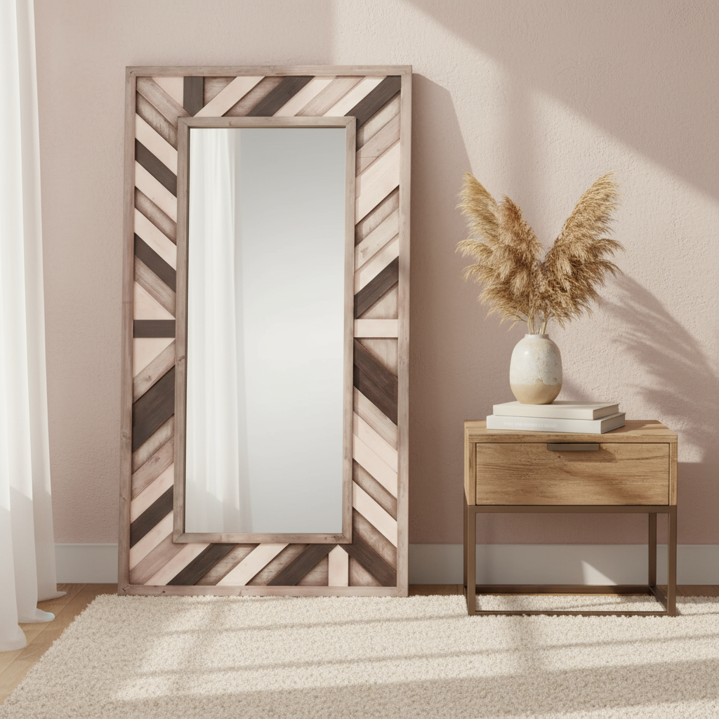 71" Ivory and Gray Wood Framed Leaning Accent Mirror