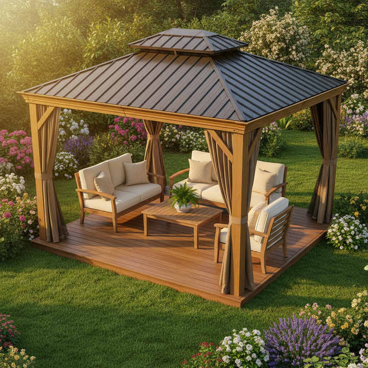 Premium 12' x 14' Hardtop Gazebo - Wood-Looking Aluminum Frame with Galvanized Steel Double Roof, Permanent Outdoor Metal Pavilion with Privacy Curtains & Netting for Patio, Deck & Lawn