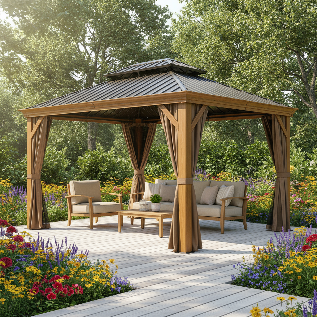 Premium 12' x 14' Hardtop Gazebo - Wood-Looking Aluminum Frame with Galvanized Steel Double Roof, Permanent Outdoor Metal Pavilion with Privacy Curtains & Netting for Patio, Deck & Lawn