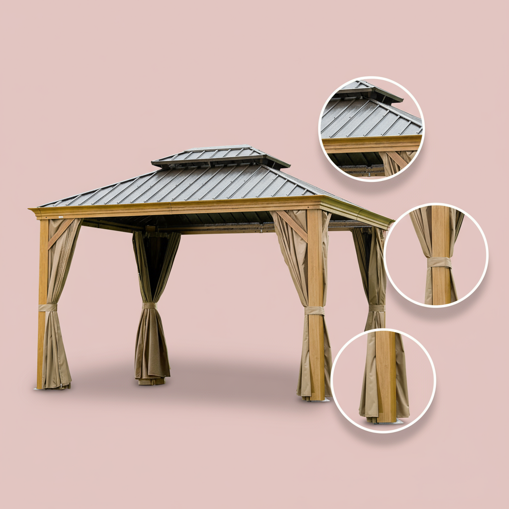 Premium 12' x 14' Hardtop Gazebo - Wood-Looking Aluminum Frame with Galvanized Steel Double Roof, Permanent Outdoor Metal Pavilion with Privacy Curtains & Netting for Patio, Deck & Lawn