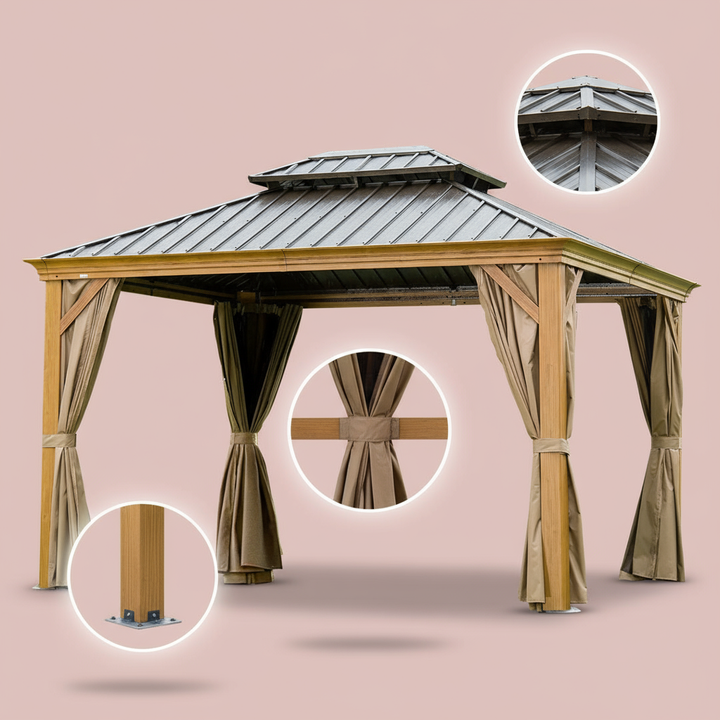 Premium 12' x 14' Hardtop Gazebo - Wood-Looking Aluminum Frame with Galvanized Steel Double Roof, Permanent Outdoor Metal Pavilion with Privacy Curtains & Netting for Patio, Deck & Lawn