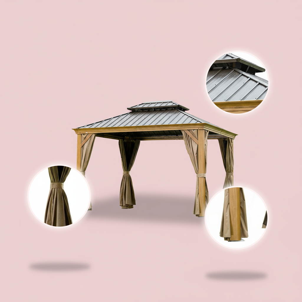 Premium 12' x 14' Hardtop Gazebo - Wood-Looking Aluminum Frame with Galvanized Steel Double Roof, Permanent Outdoor Metal Pavilion with Privacy Curtains & Netting for Patio, Deck & Lawn