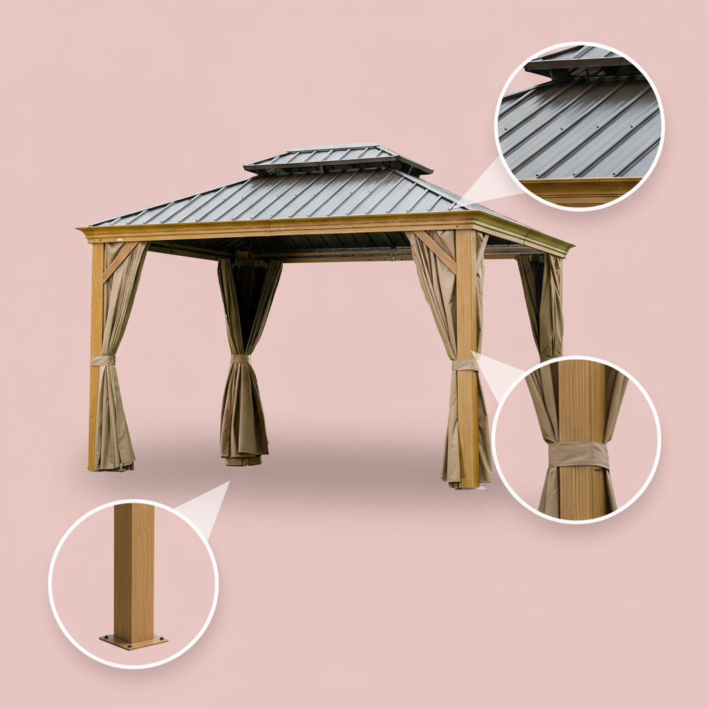 Premium 12' x 14' Hardtop Gazebo - Wood-Looking Aluminum Frame with Galvanized Steel Double Roof, Permanent Outdoor Metal Pavilion with Privacy Curtains & Netting for Patio, Deck & Lawn