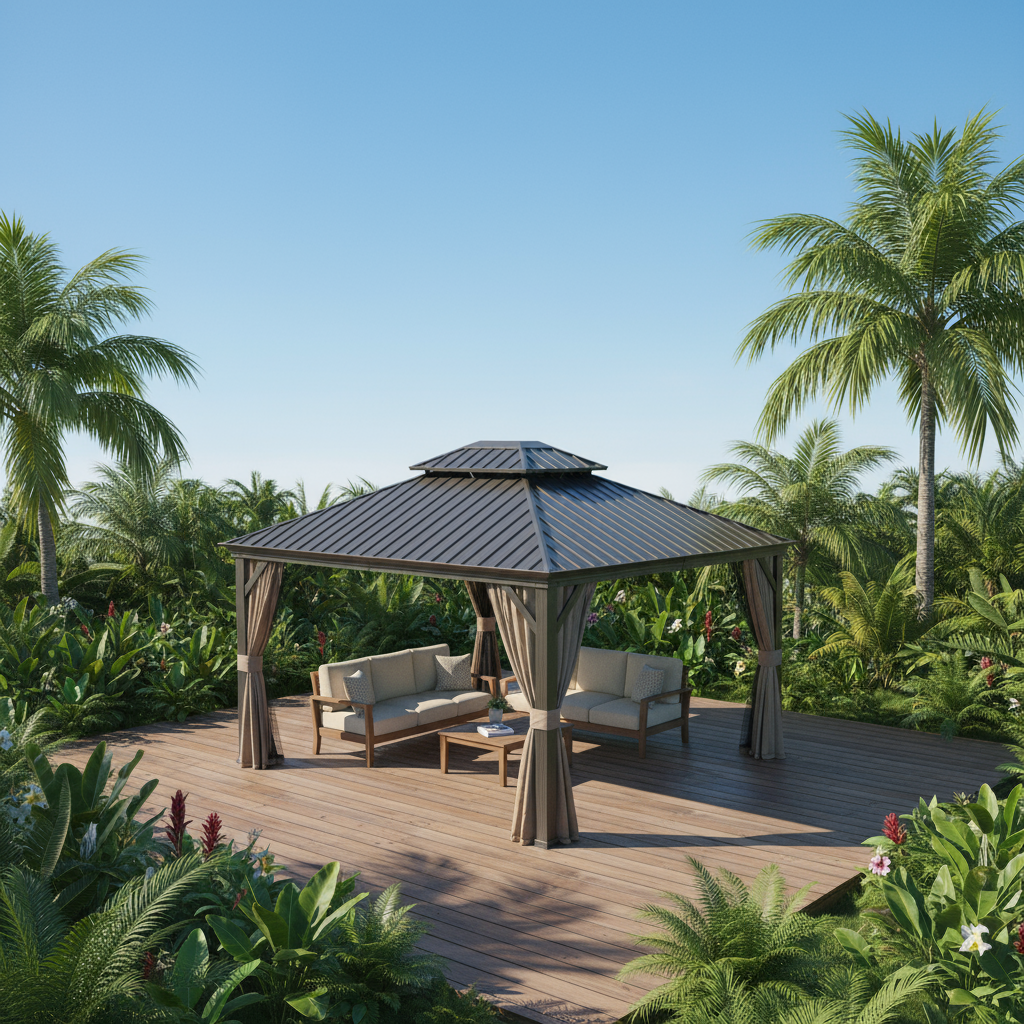 Premium 12' x 14' Hardtop Gazebo - Outdoor Aluminum Frame Pavilion with Galvanized Steel Double Roof, Privacy Curtains & Netting for Permanent Patio, Backyard & Lawn Installation in Elegant Brown