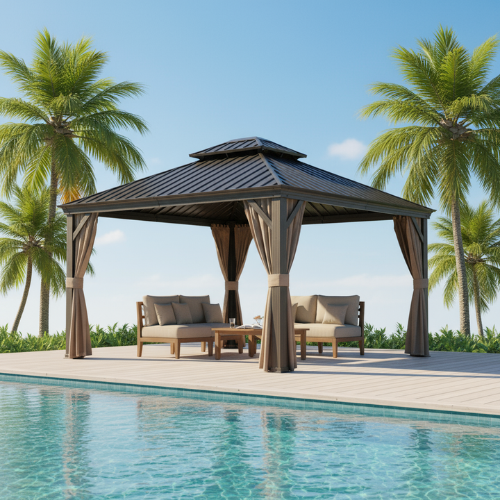 Premium 12' x 14' Hardtop Gazebo - Outdoor Aluminum Frame Pavilion with Galvanized Steel Double Roof, Privacy Curtains & Netting for Permanent Patio, Backyard & Lawn Installation in Elegant Brown