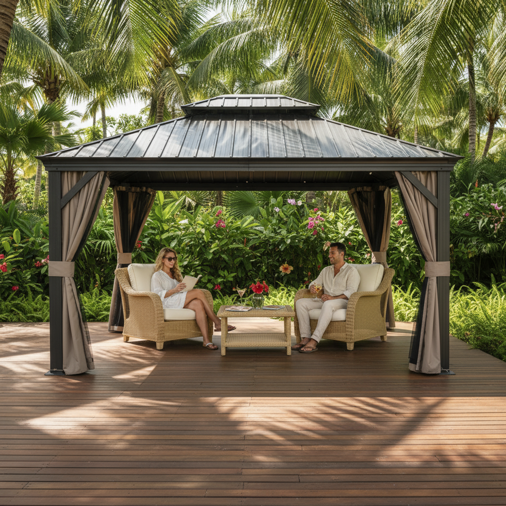 Premium 12' x 14' Hardtop Gazebo - Outdoor Aluminum Frame Pavilion with Galvanized Steel Double Roof, Privacy Curtains & Netting for Permanent Patio, Backyard & Lawn Installation in Elegant Brown