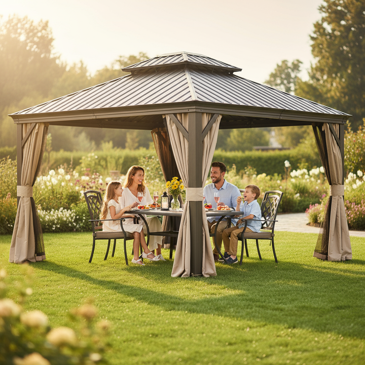 Premium 12' x 14' Hardtop Gazebo - Outdoor Aluminum Frame Pavilion with Galvanized Steel Double Roof, Privacy Curtains & Netting for Permanent Patio, Backyard & Lawn Installation in Elegant Brown