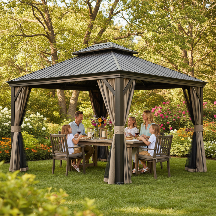 Premium 12' x 14' Hardtop Gazebo - Outdoor Aluminum Frame Pavilion with Galvanized Steel Double Roof, Privacy Curtains & Netting for Permanent Patio, Backyard & Lawn Installation in Elegant Brown