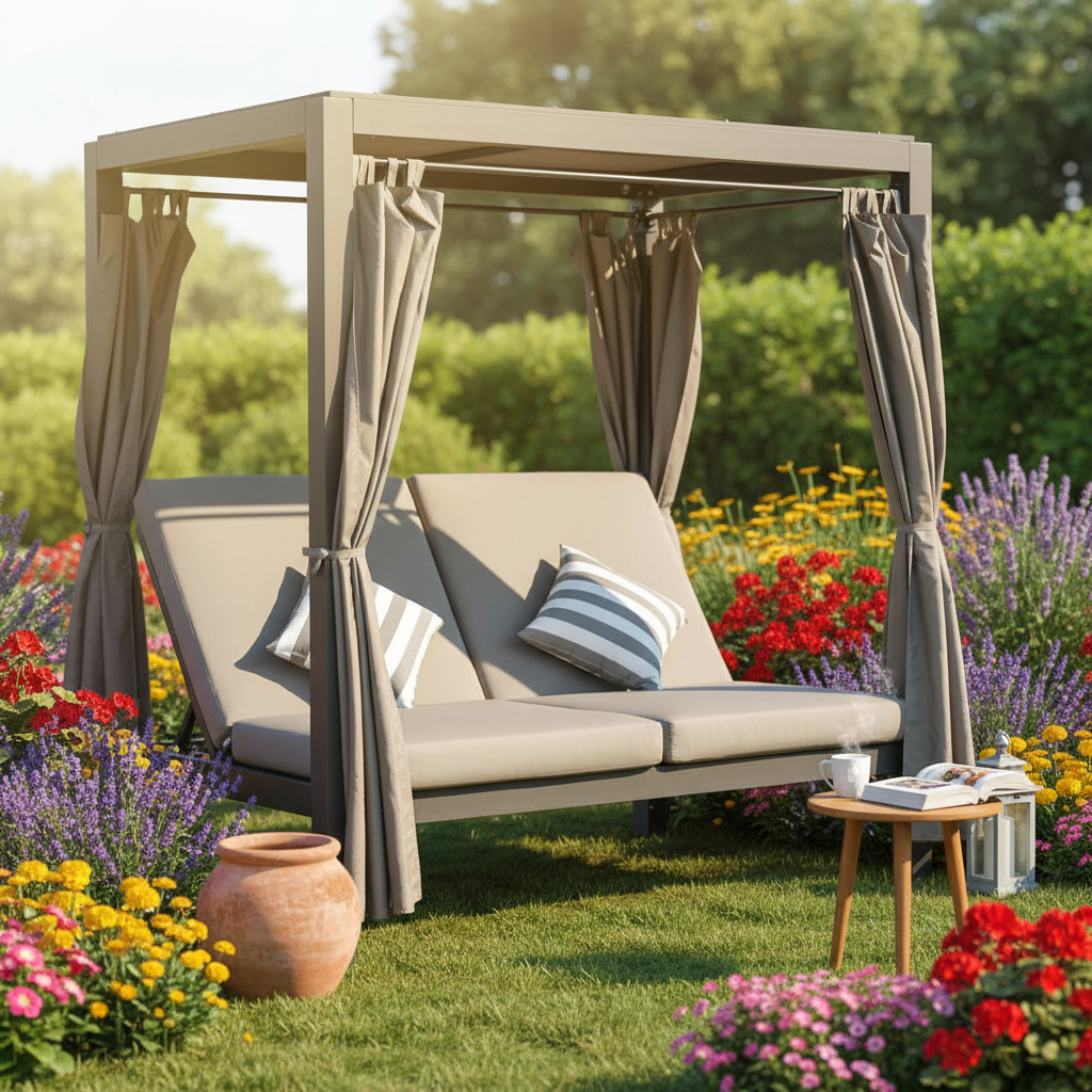 Premium Direct Wicker 2-Person Outdoor Patio Sunbed - Luxury Steel Lounge with Retractable Canopy & Privacy Curtains