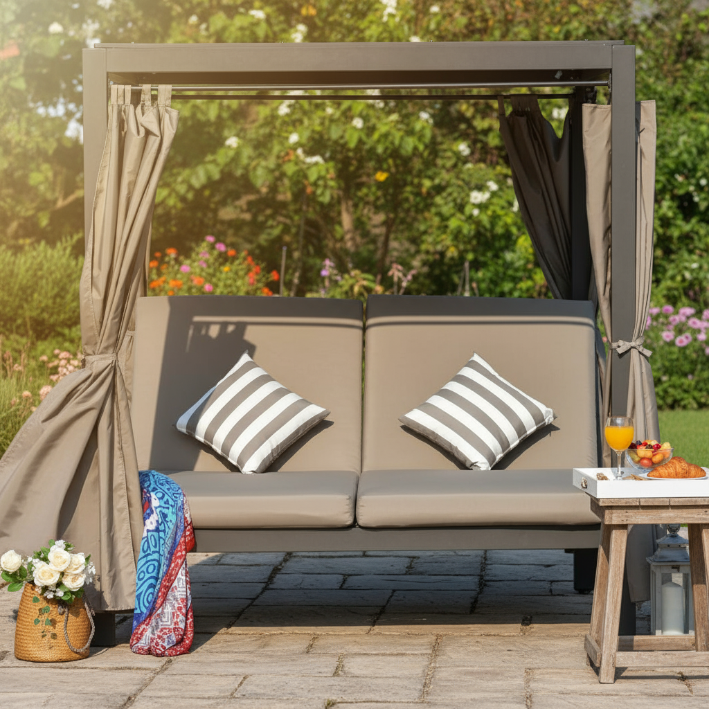 Premium Direct Wicker 2-Person Outdoor Patio Sunbed - Luxury Steel Lounge with Retractable Canopy & Privacy Curtains