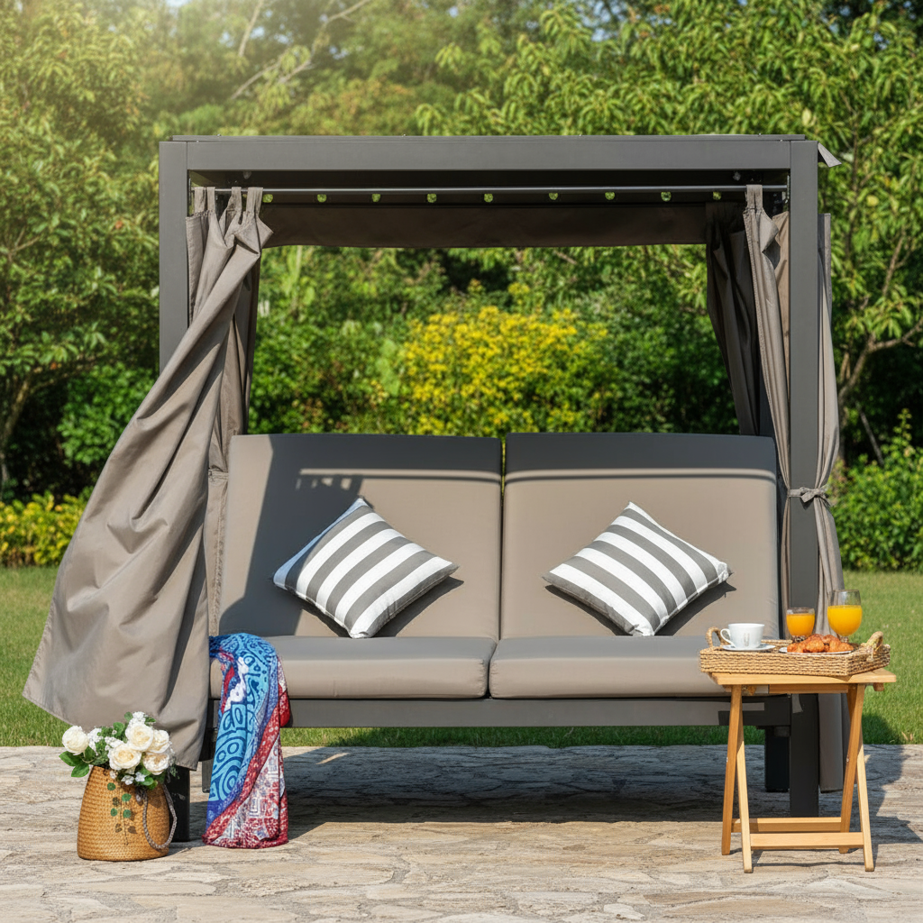 Premium Direct Wicker 2-Person Outdoor Patio Sunbed - Luxury Steel Lounge with Retractable Canopy & Privacy Curtains