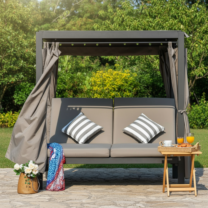 Premium Direct Wicker 2-Person Outdoor Patio Sunbed - Luxury Steel Lounge with Retractable Canopy & Privacy Curtains