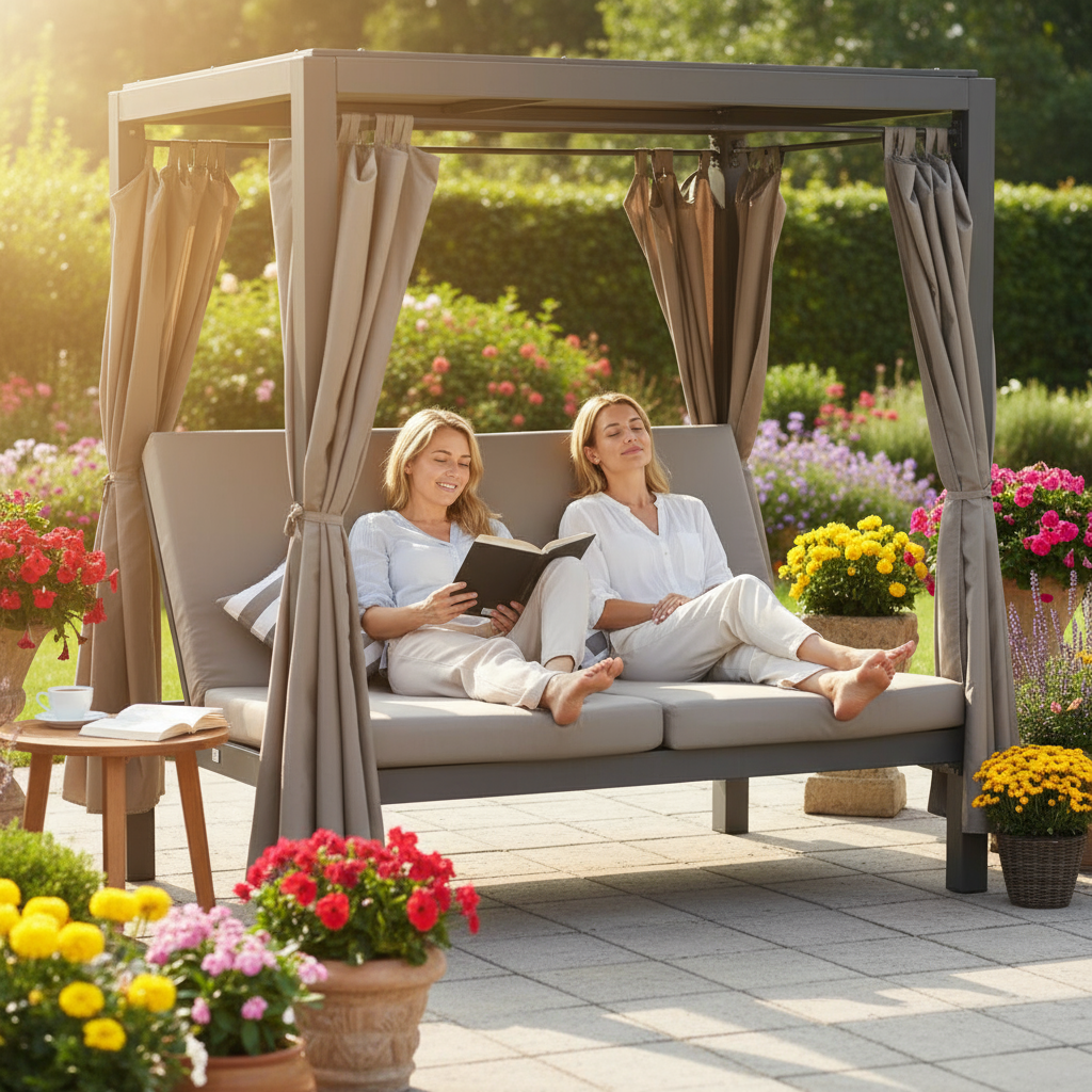 Premium Direct Wicker 2-Person Outdoor Patio Sunbed - Luxury Steel Lounge with Retractable Canopy & Privacy Curtains