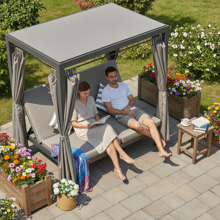 Premium Direct Wicker 2-Person Outdoor Patio Sunbed - Luxury Steel Lounge with Retractable Canopy & Privacy Curtains