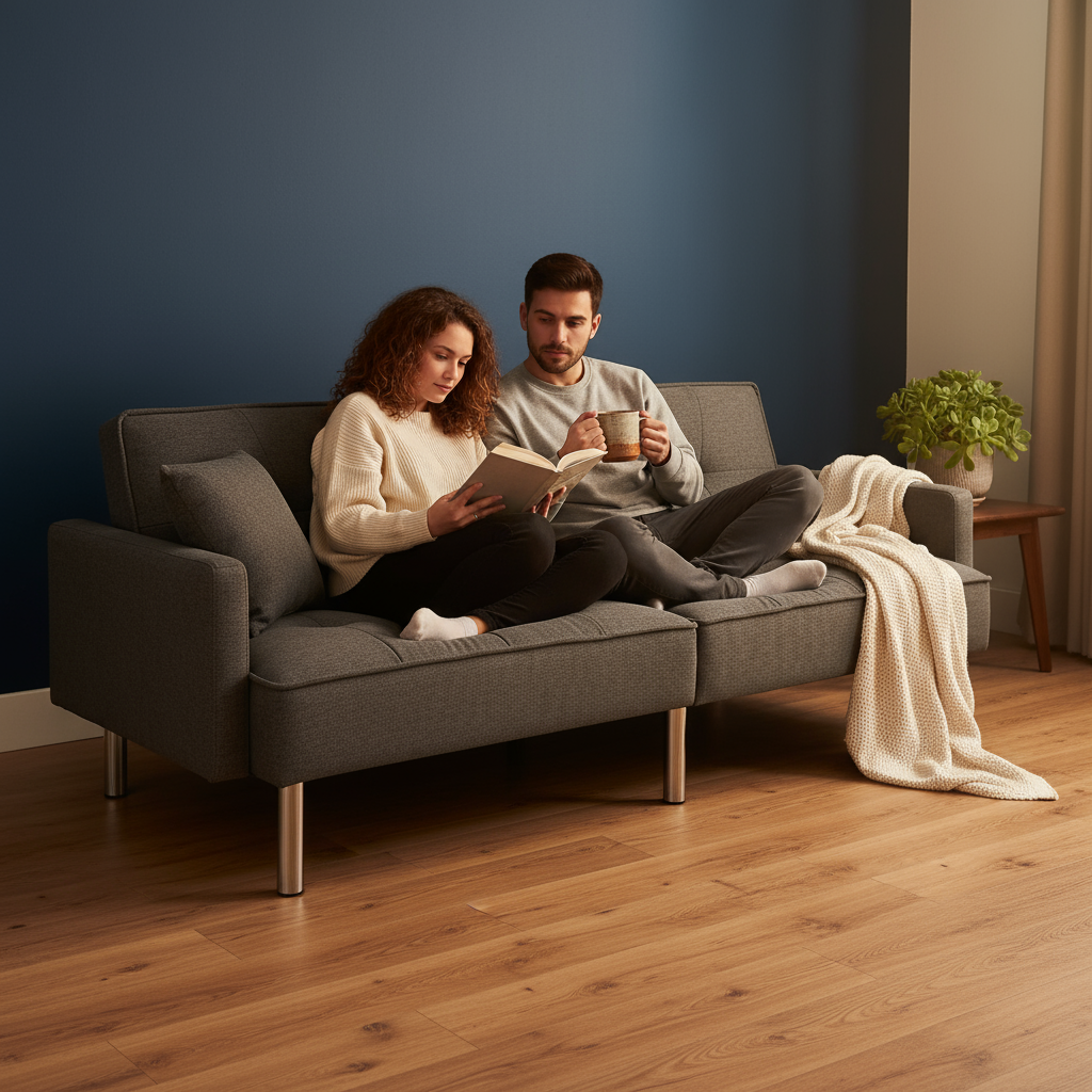 85" Dark Gray Polyester Blend Convertible Futon Sleeper Sofa And Toss Pillows With Silver Legs