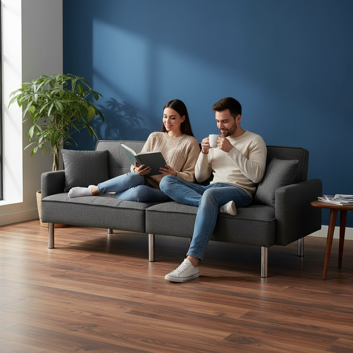 85" Dark Gray Polyester Blend Convertible Futon Sleeper Sofa And Toss Pillows With Silver Legs