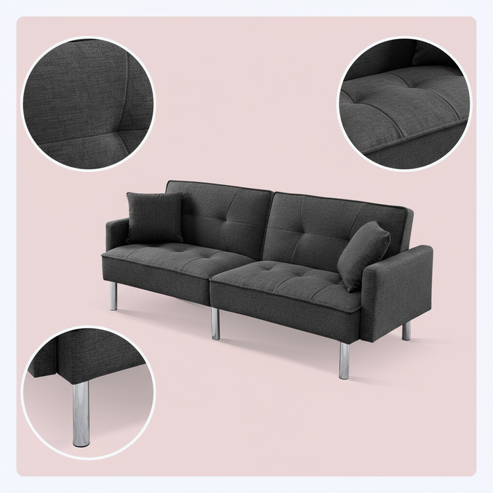 85" Dark Gray Polyester Blend Convertible Futon Sleeper Sofa And Toss Pillows With Silver Legs
