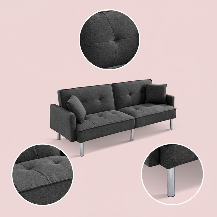 85" Dark Gray Polyester Blend Convertible Futon Sleeper Sofa And Toss Pillows With Silver Legs