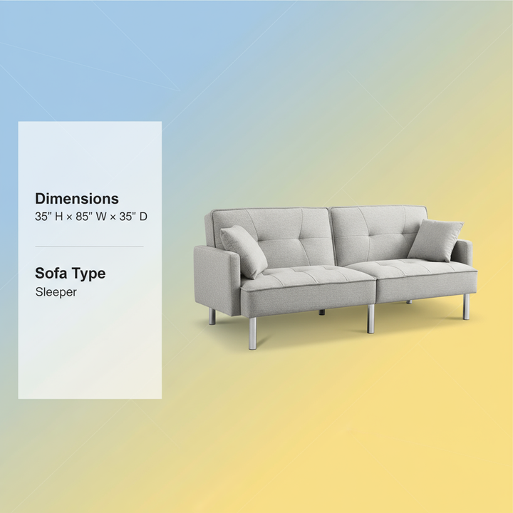 85" Light Gray Polyester Blend Convertible Futon Sleeper Sofa And Toss Pillows With Silver Legs